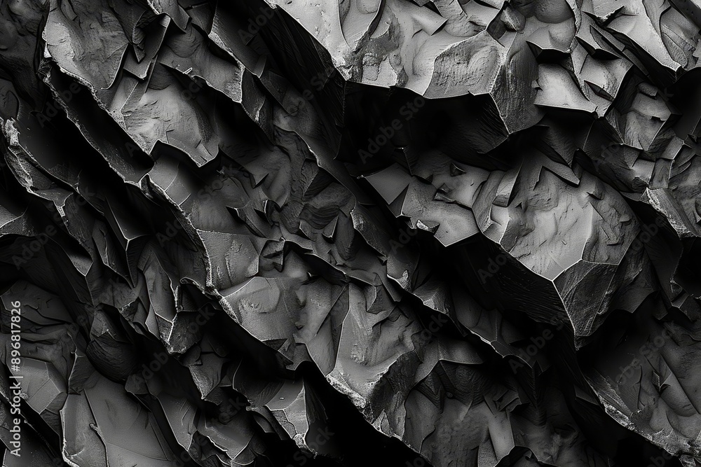 Poster a stark black and white rock wall towering in the frame, showcasing the texture and details of the r