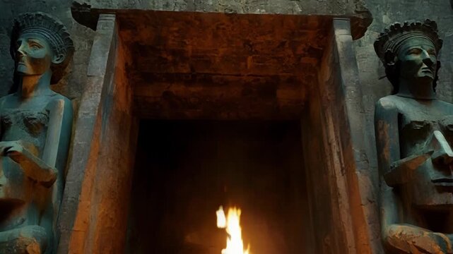 Surrounded by towering weathered statues an eternal flame stands at the entrance to a mysterious underground tomb.