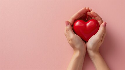 Fototapeta premium Romantic image of adult hands presenting a red heart on a light pink background, conveying warmth and tenderness