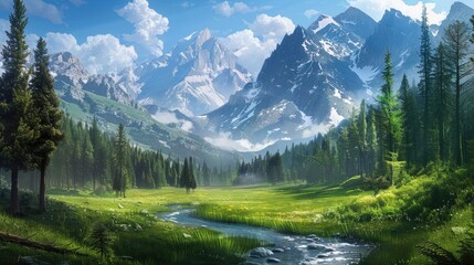 Serene mountain valley with lush green meadows, tall pine trees, and a river flowing through, framed by majestic peaks