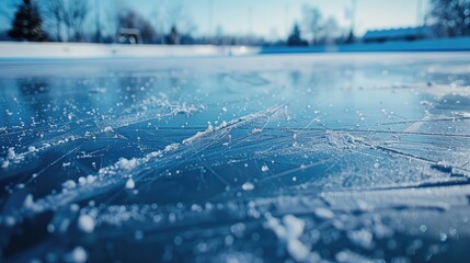 Deserted ice rink with skate imprints snow covered outdoors Blue rink surface up close space for copy