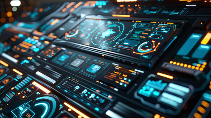 Fototapeta premium High-detail shot of a futuristic tech interface with layered, semi-transparent panels, dynamic graphs, and intuitive navigation controls, set against a modern backdrop, UHD, High Detailed, Masterpiece