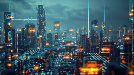 Long-distance view of a futuristic cityscape illuminated by AI-driven technology, with detailed digital interfaces and glowing data streams, UHD, High Detailed, Masterpiece 