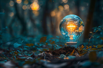 Eco-Powered Future: A lightbulb shaped like a globe emerges from the earth, symbolizing a sustainable future powered by renewable energy.
