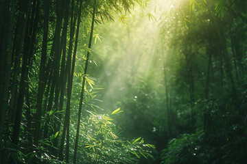 Naklejka premium Green Bamboo Forest: Escape to the tranquility of a lush bamboo forest, where sunlight filters through the leaves creating a calming ambiance.