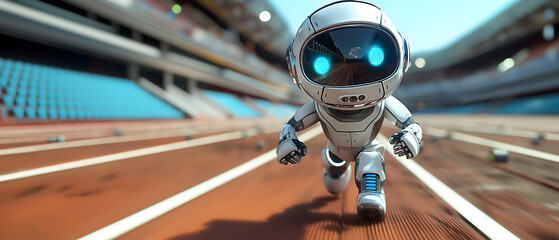 An adorable white robot with glowing blue eyes is captured running on a race track in a stadium. 