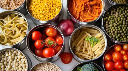 Tin cans with different foods, arranged on a light background, creating a simple and inviting presentation