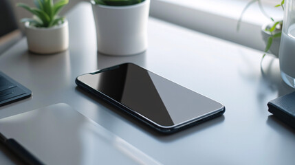 A close-up of a smartphone on a minimalist desk, highlighting its edge-to-edge display and modern design, with soft ambient lighting enhancing its details, smartphone, Minimal, UHD, High Detailed, 
