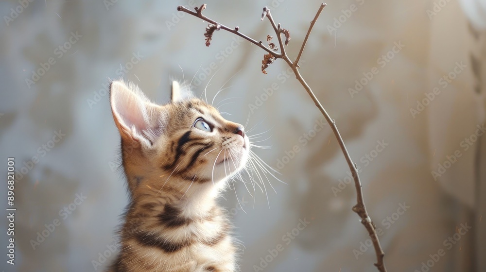 Sticker Bengal kitten gazing up at twig against wall Room for text