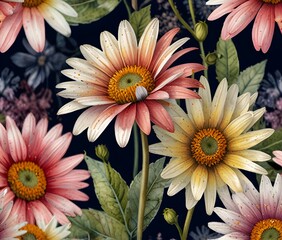 watercolor multiple daisy variant floral pattern, photorealistic with bright tones, 8k high resolution