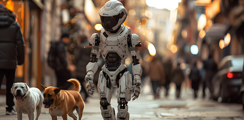 A humanoid robot is seen walking two dogs down a bustling city street. The scene captures the blend of futuristic technology and everyday life.