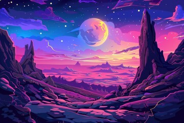 Mystical landscape with vibrant colors and a large moon