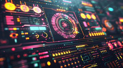 A high-detailed image of a futuristic neon-lit interface, with abstract geometric shapes and bright colors illuminating a sleek dark environment, UHD, High Detailed, Masterpiece 