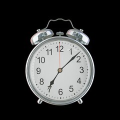 7:08 PM Vintage Steel Alarm Clock with Alloy Steel Body and Glass Twin Bell, Featuring Classic Analog Face with Detailed Hour and Minute Hands