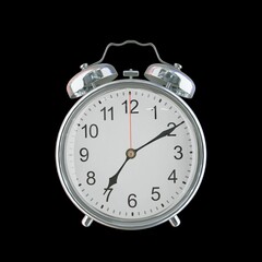 7:10 PM Vintage Steel Alarm Clock with Alloy Steel Body and Glass Twin Bell, Featuring Classic Analog Face with Detailed Hour and Minute Hands