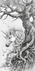 Pencil sketch of a unicorn with a flowing mane, resting peacefully under an ancient tree, enhanced with soft shading and fine details.
