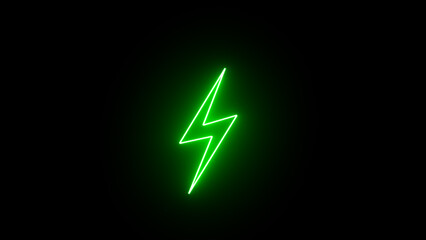 Glowing green neon flickering lightning bolt, Flash icon. Charge flash icon. Thunder blinking bolt. Lighting strike and bolt sign