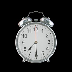 7:30 PM Vintage Steel Alarm Clock with Alloy Steel Body and Glass Twin Bell, Featuring Classic Analog Face with Detailed Hour and Minute Hands