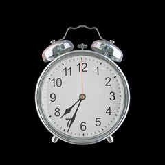 7:34 PM Vintage Steel Alarm Clock with Alloy Steel Body and Glass Twin Bell, Featuring Classic Analog Face with Detailed Hour and Minute Hands