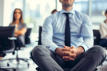 A businessman sits in a chair, meditating in front of a group of people, Embracing flexibility and adaptability in a hybrid work culture