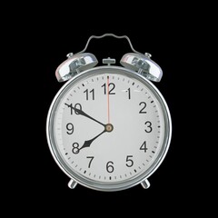 7:50 PM Vintage Steel Alarm Clock with Alloy Steel Body and Glass Twin Bell, Featuring Classic Analog Face with Detailed Hour and Minute Hands