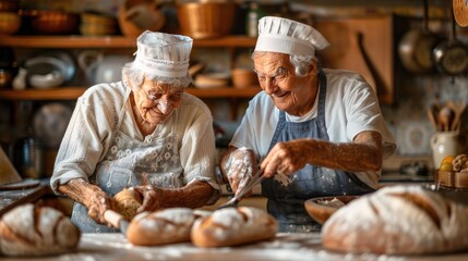 Seniors in a cozy kitchen, learning to bake artisan bread together, creating a warm and inviting atmosphere