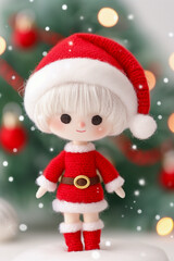 A cute Santa doll in a red outfit and hat, standing in front of a Christmas tree with festive lights and decorations.
