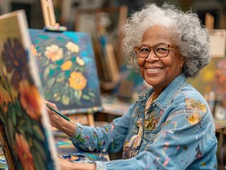 Retired adults participating in an art class, painting vibrant canvases and enjoying creative expression