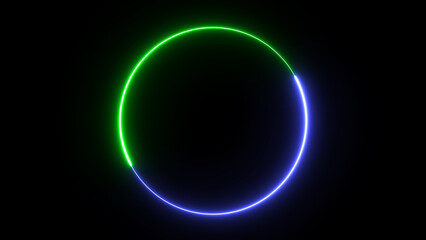 Glowing green and blue neon light line loop circle. Neon light ring frame