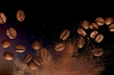 Coffee tasty aroma roasted bean fly explosion,