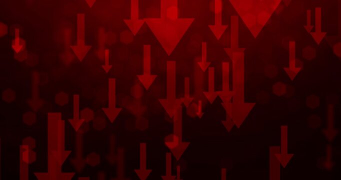 Dark, red or arrow for inflation, risk and recession in price cost, market crash or finance expenses. Economy, depression and loss of value in weak currency in financial crisis with problem or danger