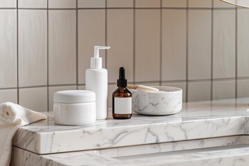 Mockup of cosmetic products on white marble countertop in bathroom