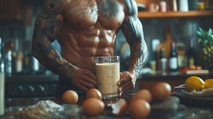 Bodybuilder preparing an egg-based protein shake in a sleek kitchen, highlighting the muscle-building benefits of eggs in a fitness diet