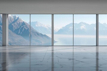 empty room with panoramic view of the mountains and blue sky