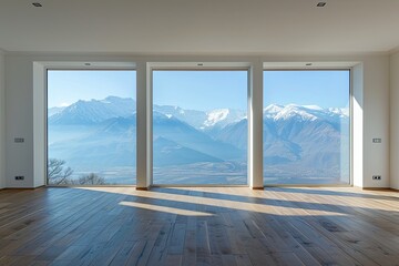 empty room with panoramic view of the mountains and blue sky