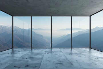 empty room with panoramic view of the mountains and blue sky