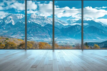 empty room with panoramic view of the mountains and blue sky