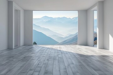 empty room with panoramic view of the mountains and blue sky