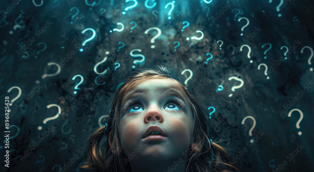 Wall mural A curious little girl with big blue eyes, standing in front of a wall covered in question marks and exclamation symbols, looking up at the mysterious patterns above her head