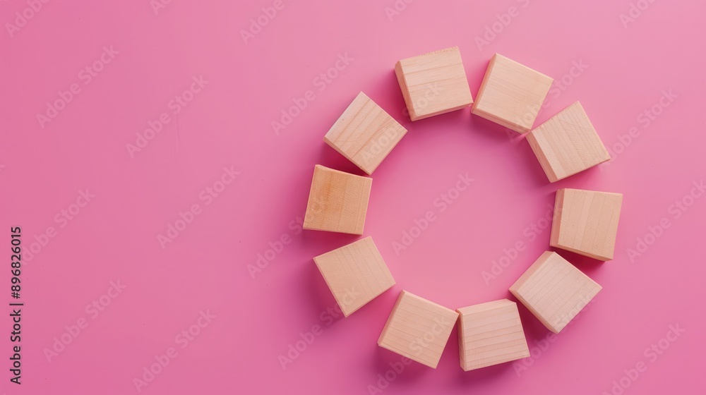 Poster pink background with wooden blocks presenting a circular graph for market share distribution in busi