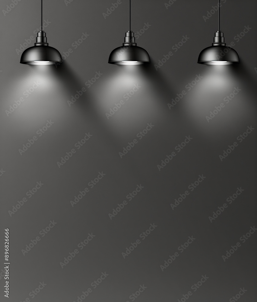 Poster three hanging lamps with illuminated light bulbs on a dark background, minimalist design concept. ge