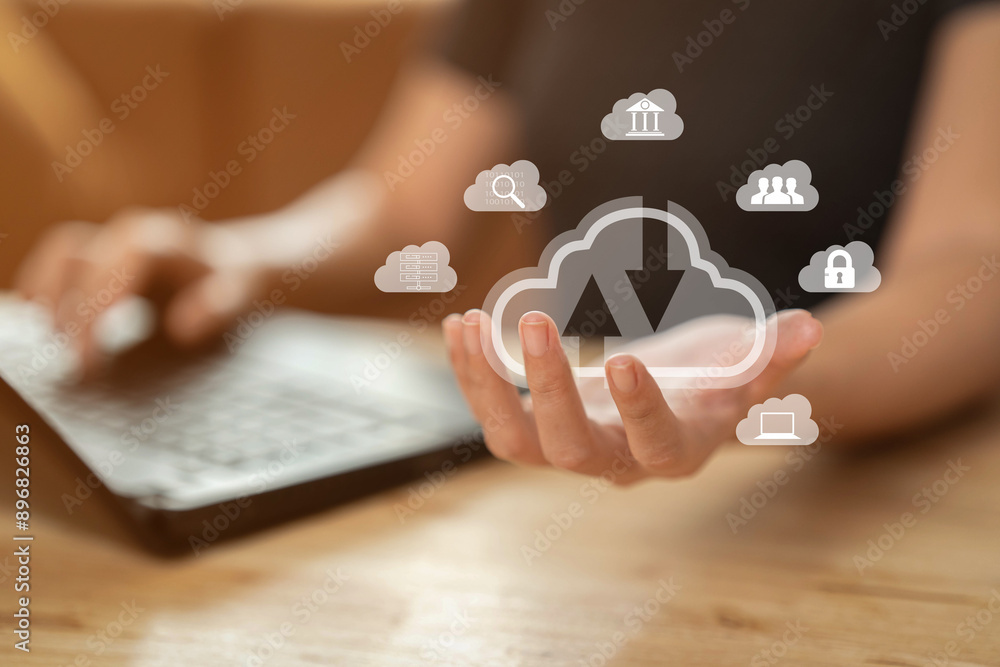 Poster big data and cloud technology. cloud icon in the hand of a businessman. data transfer concept with c