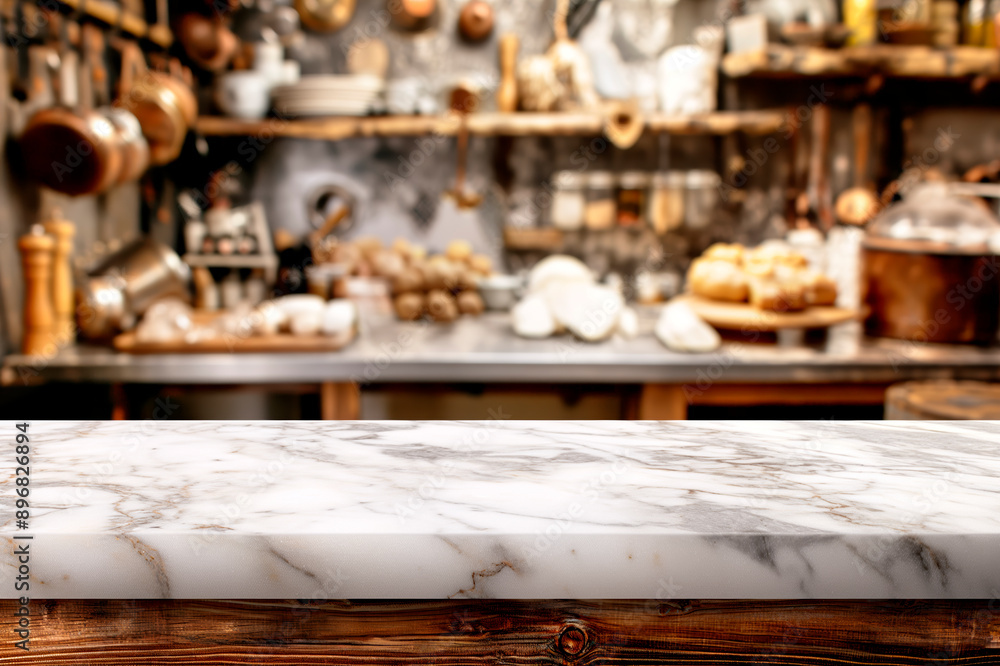 Aufkleber empty marble counter with a blurred kitchen background, modern design layout concept, generative ai.