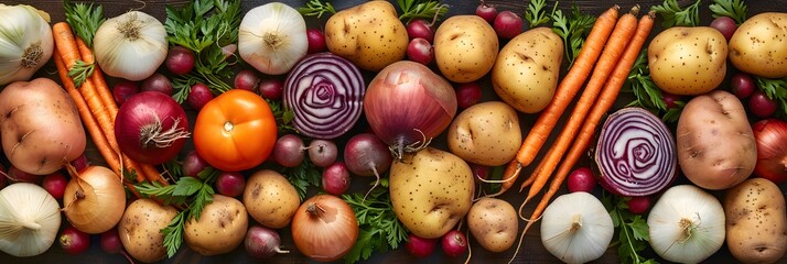 An assortment of potatoes, carrots, beets, and onions arranged in a rustic pattern