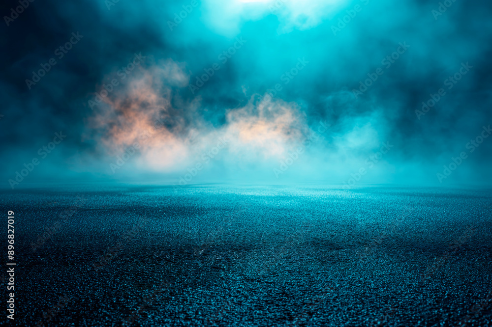 Poster a misty road surface under a dark, mysterious sky serves as a modern backdrop suggesting a concept o