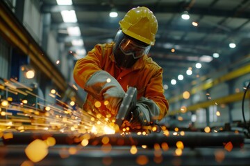 Worker in safety attire and hard hat using an angle grinder to cut metal tube in an industrial engineering setting. Highlights precision cutting and manufacturing expertise.