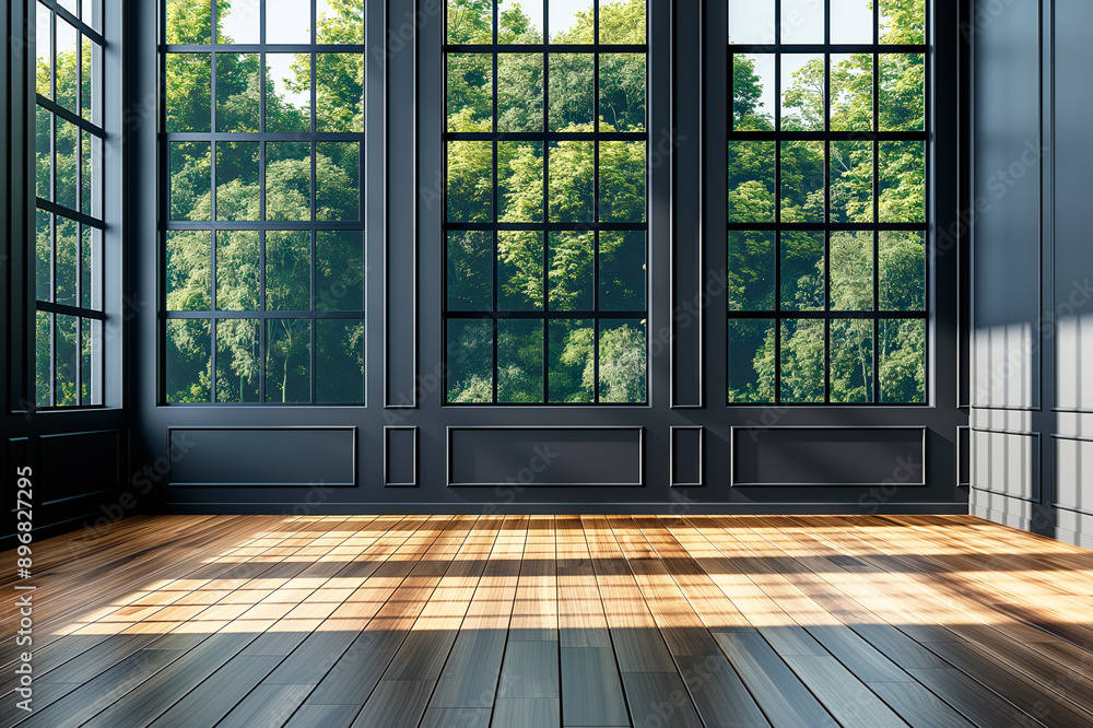 Poster an empty room with large windows showing a forest view, modern design on a sunny backdrop, concept o