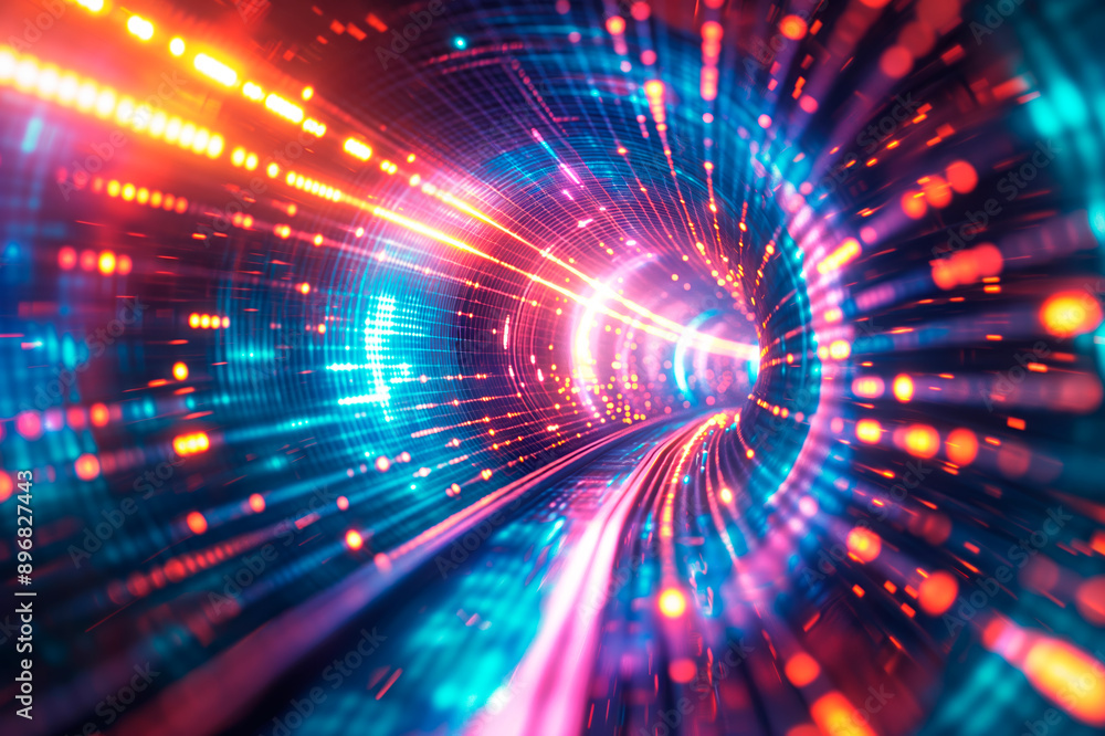 Poster Futuristic tunnel with dynamic lighting on a dark background, concept of speed and technology. Generative AI