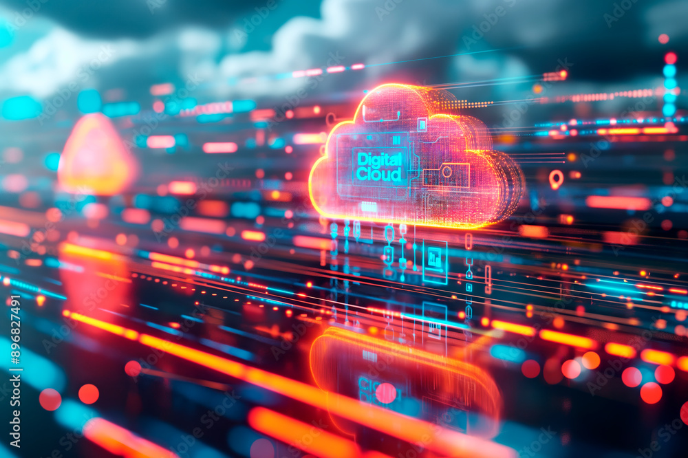 Poster a conceptual digital cloud on a dynamic tech-infused background, in a creative illustration style, s