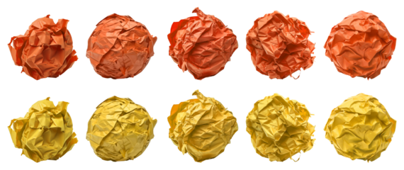 Collection set of orange yellow crumpled crushed scrunched paper ball on transparent background cutout, PNG file. Many different design. Mockup template artwork graphic